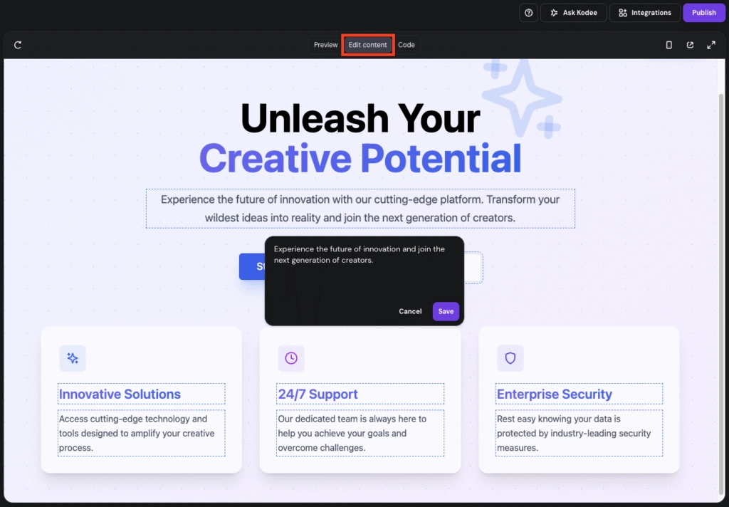 Edit content highlighted in Hostinger Horizons.