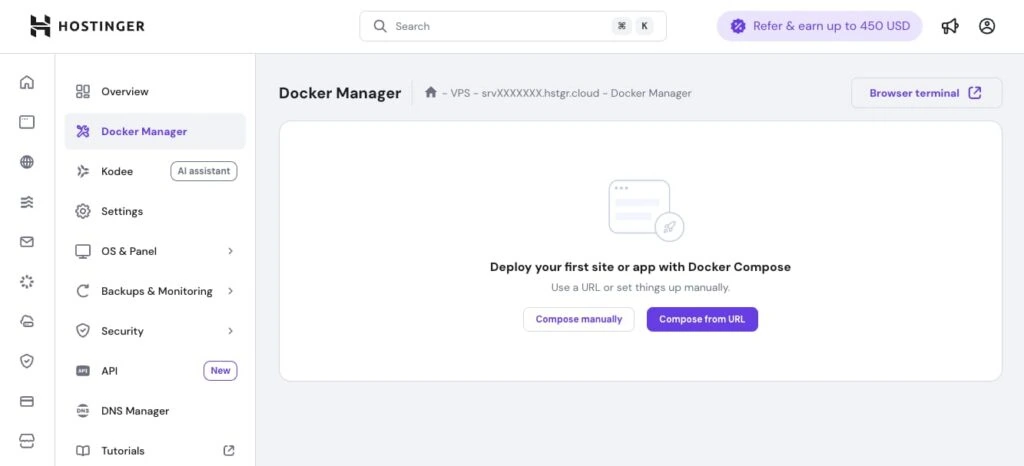 Docker manager in hPanel.