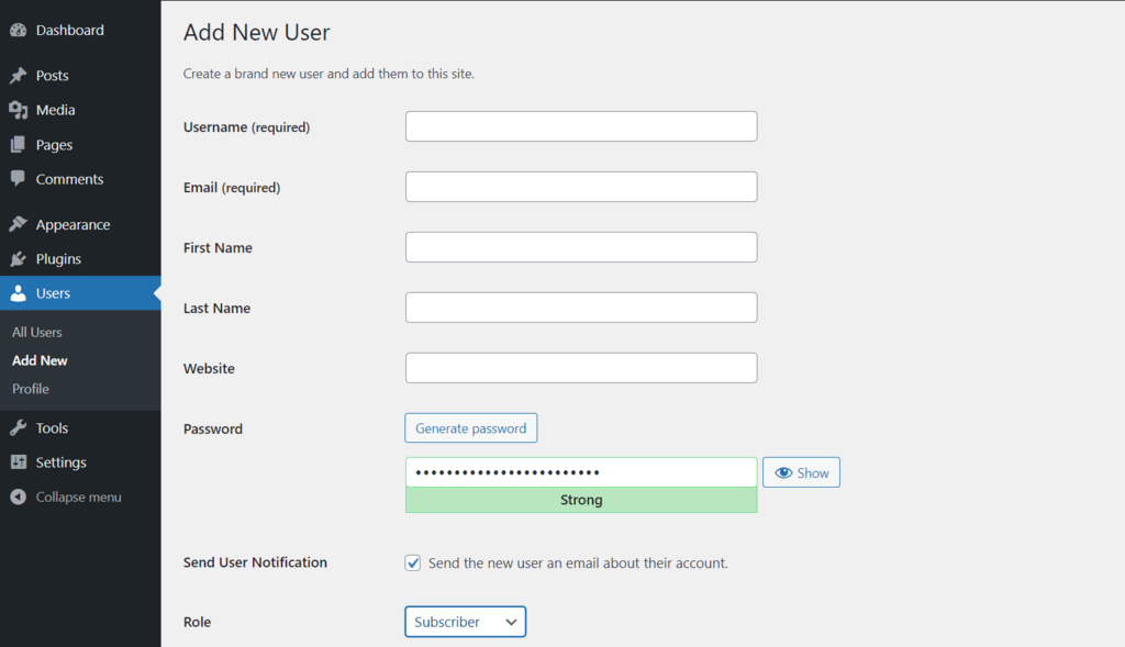 De pagina Nieuwe gebruiker toevoegen op het WordPress-dashboard.