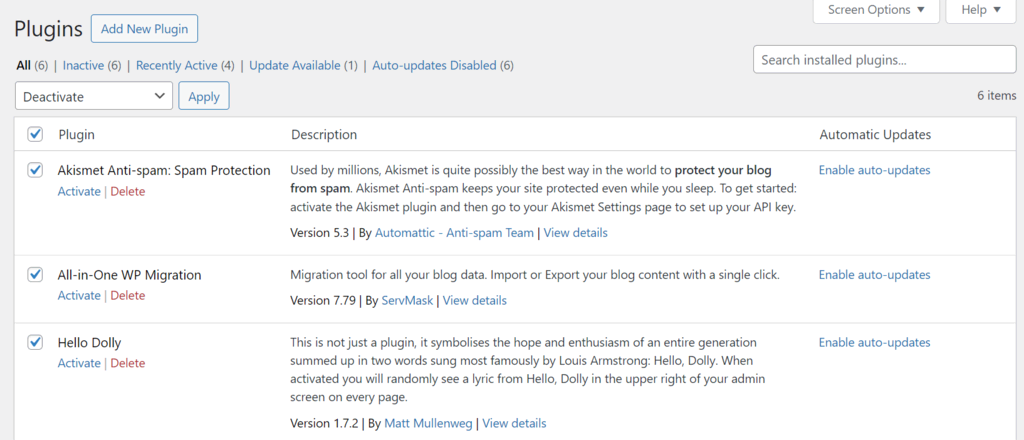 Screenshot van plug-ins in een WordPress dashboard
