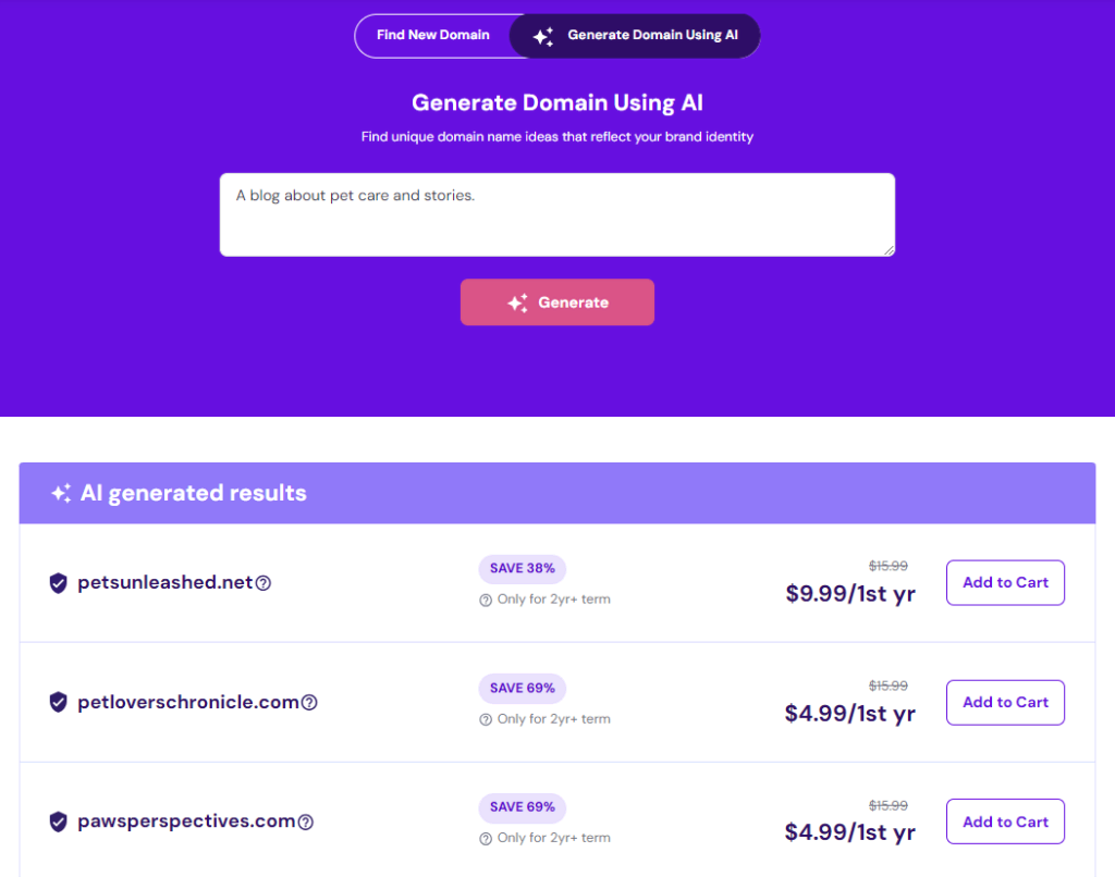 Screenshot Hostinger AI domeinnaam generator
