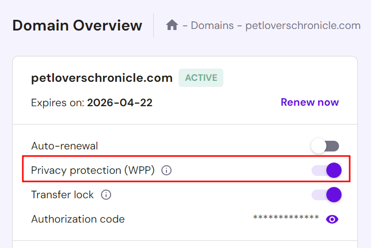 Screenshot van domein privacy bescherming in hPanel