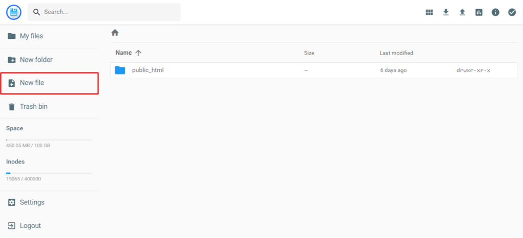 hPanel - Nieuw bestand links in Bestandsbeheer controlepaneel