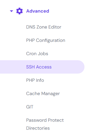 Ga naar Geavanceerd → SSH-toegang in je hPanel.