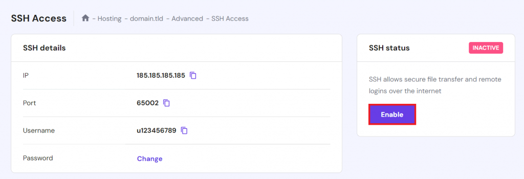 Klik op Inschakelen in de SSH-status sectie.
