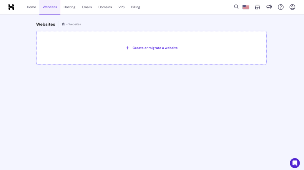Webshop maken met Hostinger Website Bouwer. Klik op Website maken of migreren om te beginnen.