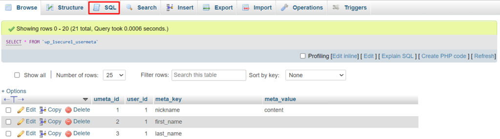 Ga naar het tabblad SQL in de bovenste menubalk.