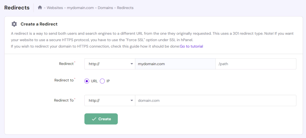 Klik op maken om de redirect/omleiding te maken