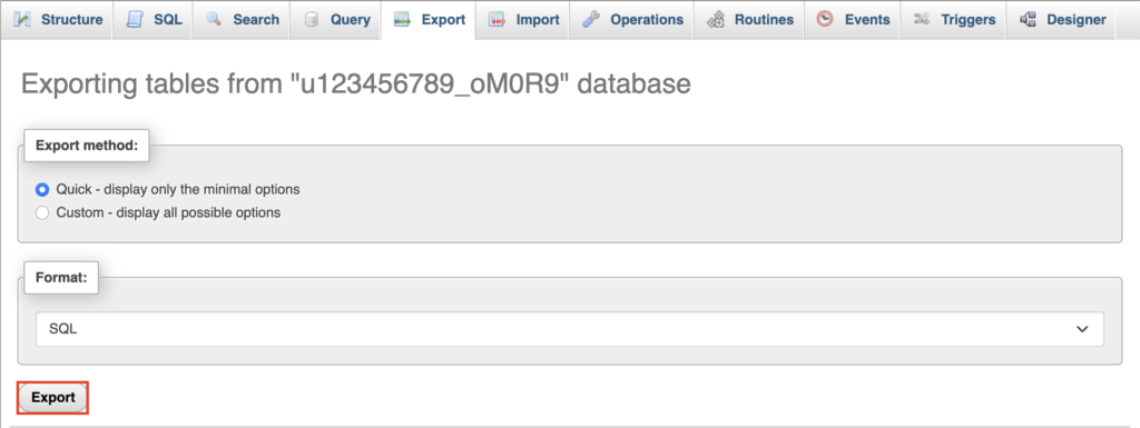 Klik op Exporteren om het back-upbestand van je database te downloaden.