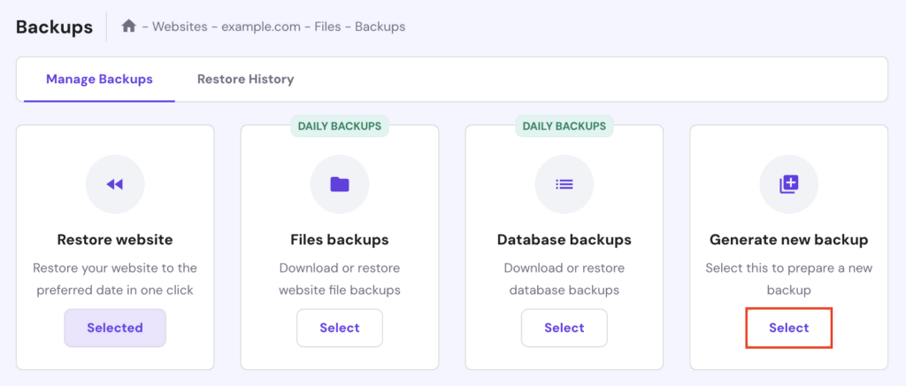Nieuwe back-up maken in hPanel