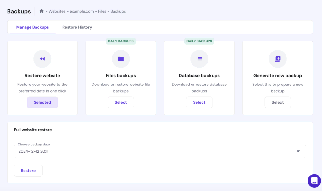 Tijd controleren in laatste back-up in hPanel