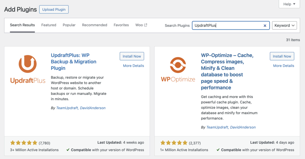 UpdraftPlus installeren