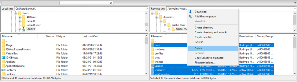 Drupal updaten met een FTP. Selecteer de core en vendor mappen, net als alle bestanden in de Drupal root directory, en verwijder ze.
