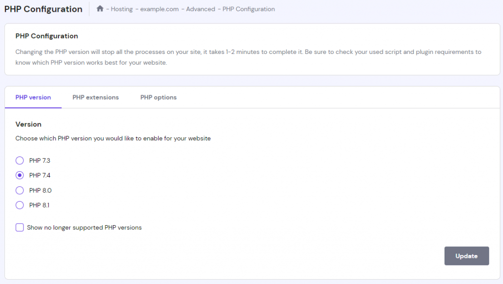 De PHP-versie wijzigen via het hPanel Dashboard → PHP Configuratie.