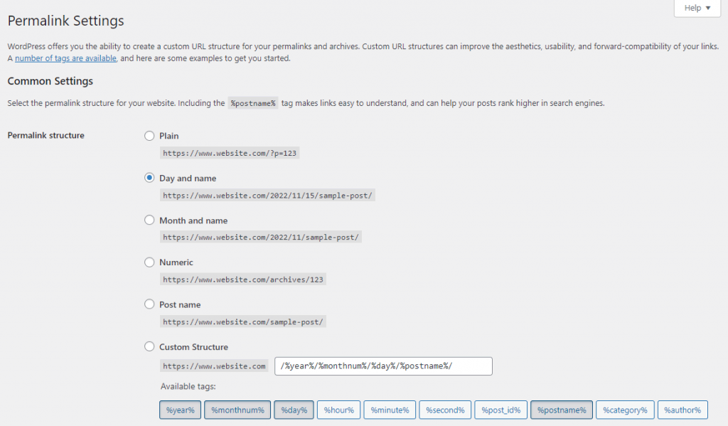 Permalink instellingen WordPress.org