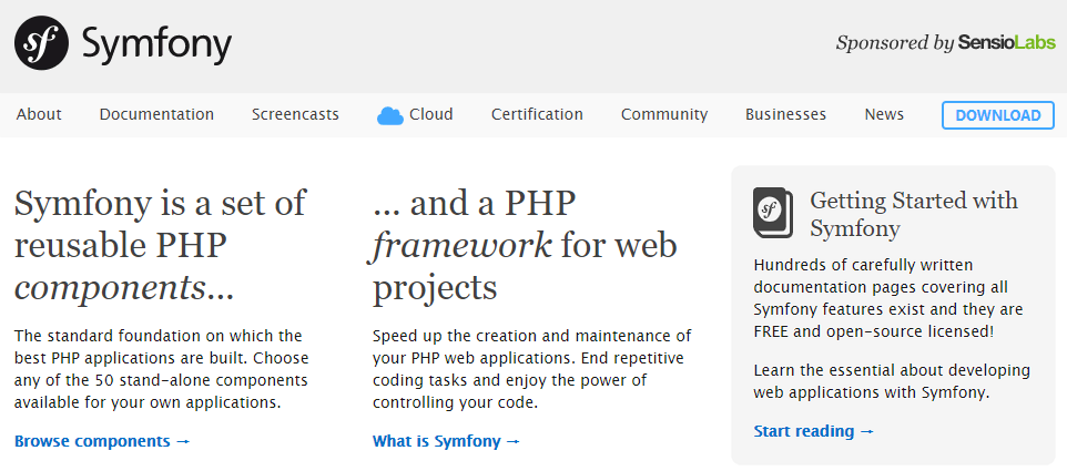 Symfony startpagina