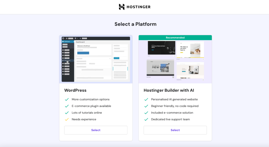 Selecteer een platform bij Hostinger