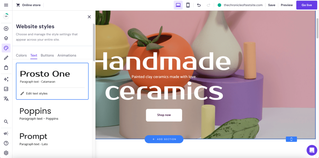 Klik op het pictogram Websitestijlen in het menu aan de linkerkant om kleuren, tekst, knoppen en animaties van je gekozen template aan te passen.