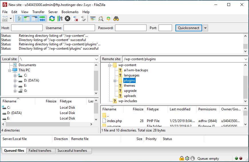 Capture d'écran montrant comment télécharger le dossier wp-content/plugins/.