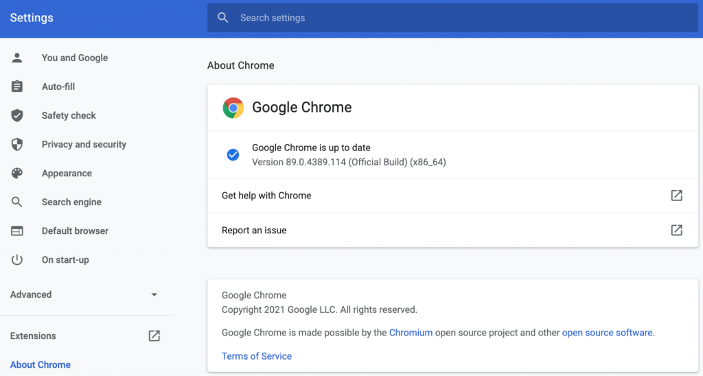 About Chrome window informing that Google Chrome is up to date.