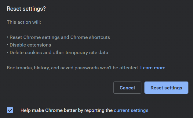 Reset Google Chrome settings