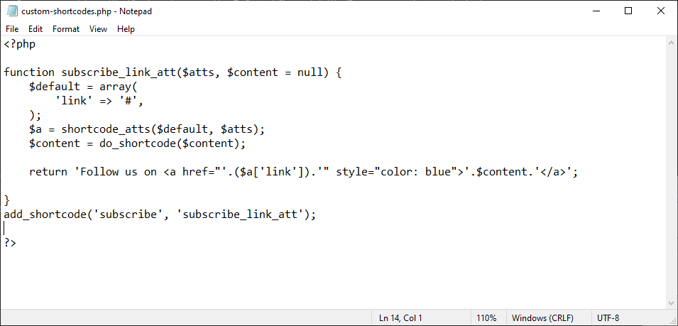 arquivo custom-shortcode.php com shortcode de encerramento
