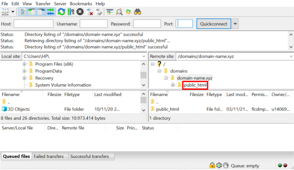Le dossier public_html dans FileZilla.