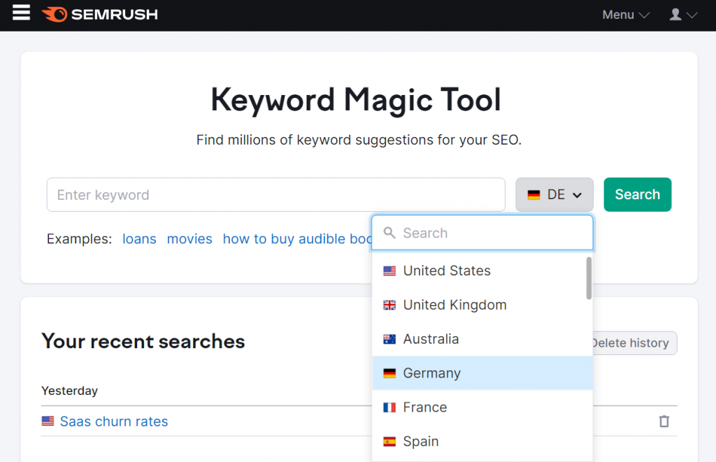 Un ejemplo de uso de Semrush para encontrar sugerencias de palabras clave para SEO