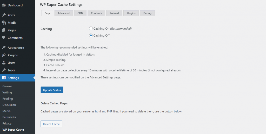La section Easy du tableau de bord de WP Super Cache_s comporte une fonctionnalité de mise en cache recommandée.