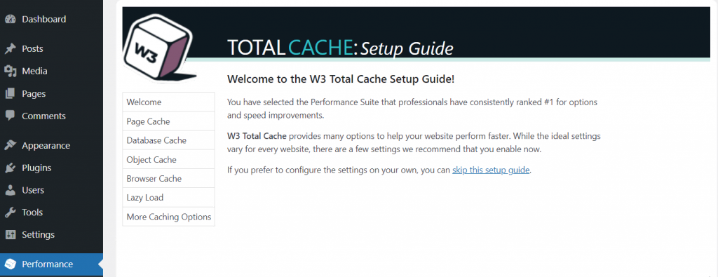 Le guide d'installation sur le tableau de bord WordPress de W3 Total Cache