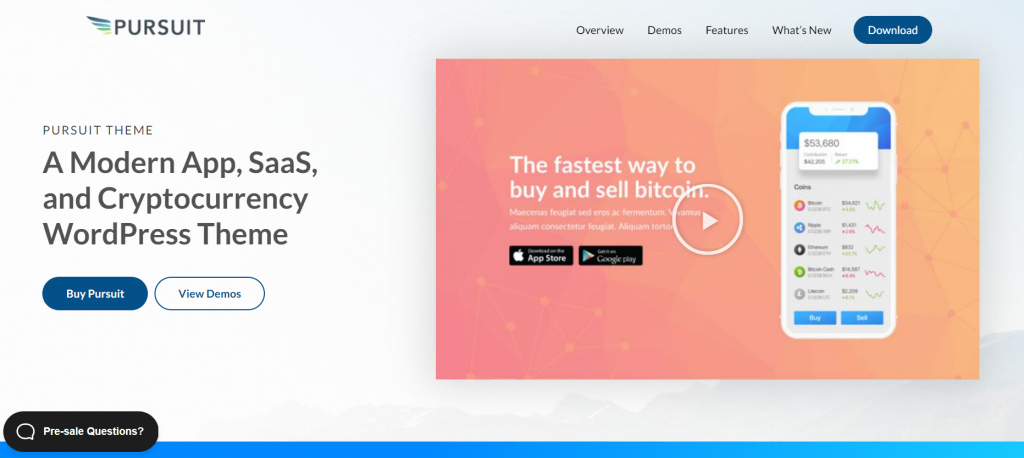 themes-crypto-wordpress La page de prévisualisation de Pursuit, un thème WordPress.