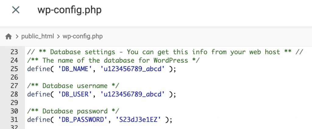 Database connection details in the WordPress wp-config.php file.