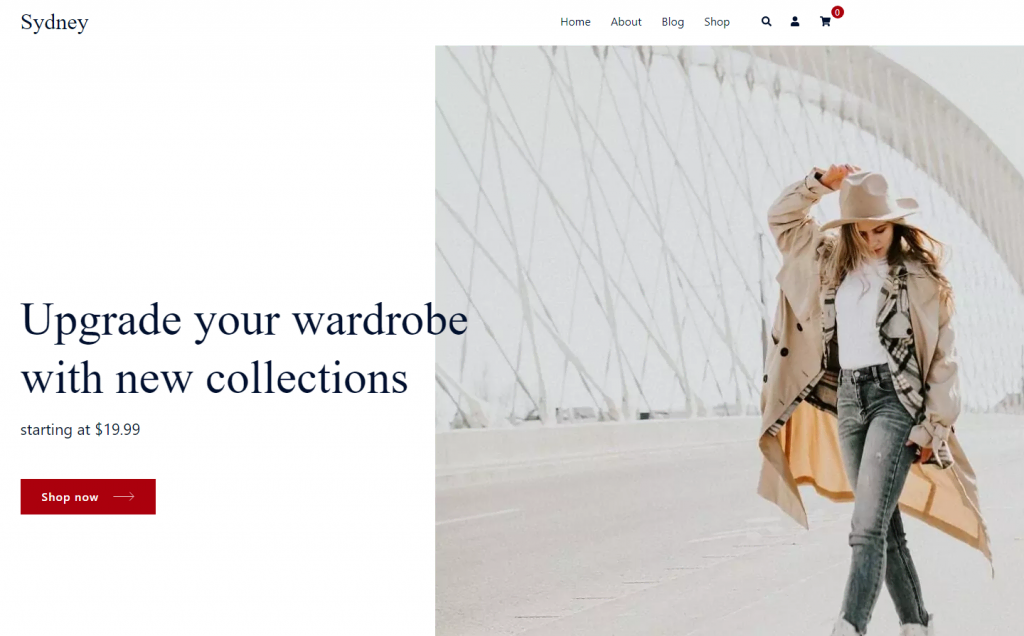 themes-wordpress-simples Le site démo du thème Sydney pour une boutique en ligne avec un bouton Acheter maintenant.