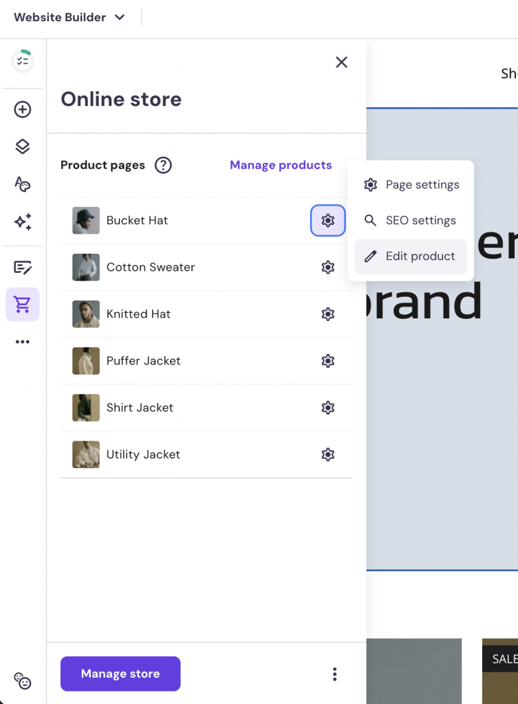 Hostinger Website Builder Store manager menu