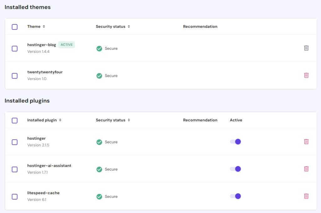 The Installed themes and Installed plugins sections in hPanel
