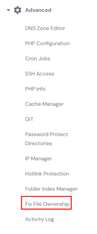 Fix File Ownership under Advanced in the hPanel sidebar