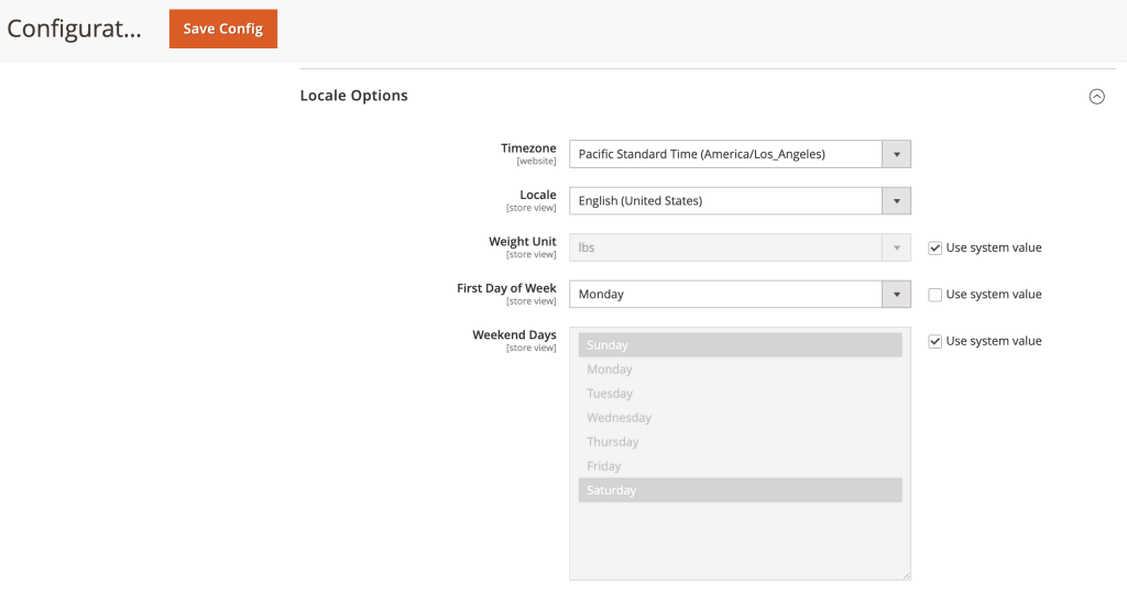Personalización de las opciones regionales de la tienda en Magento 2