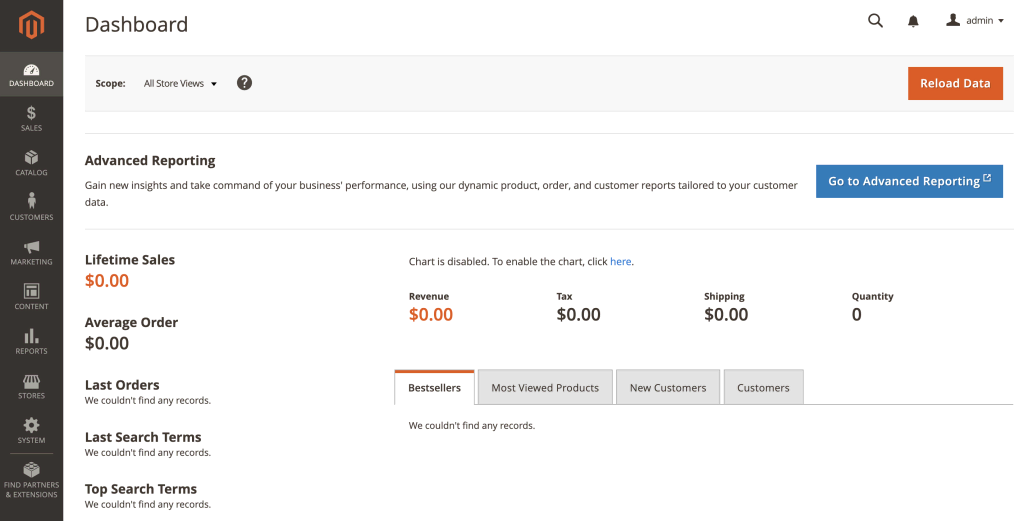 Descripción general del panel de control de Magento 2